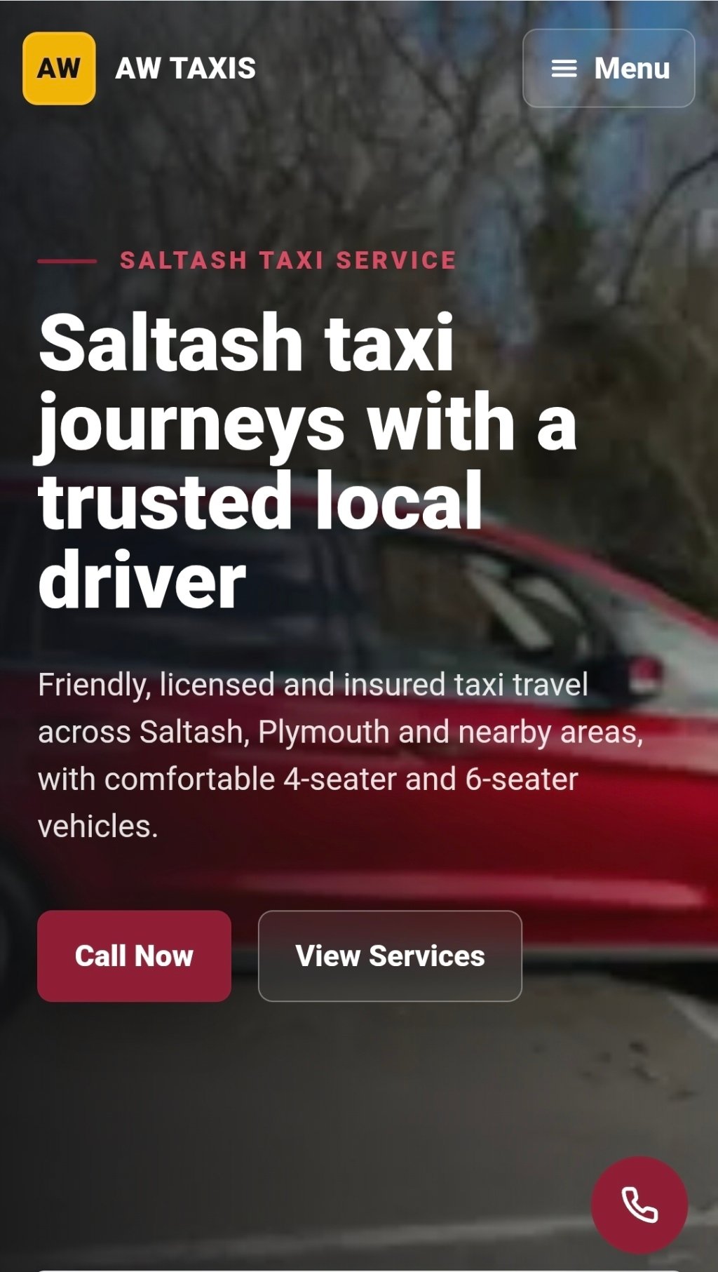 AW Taxis mobile homepage screenshot